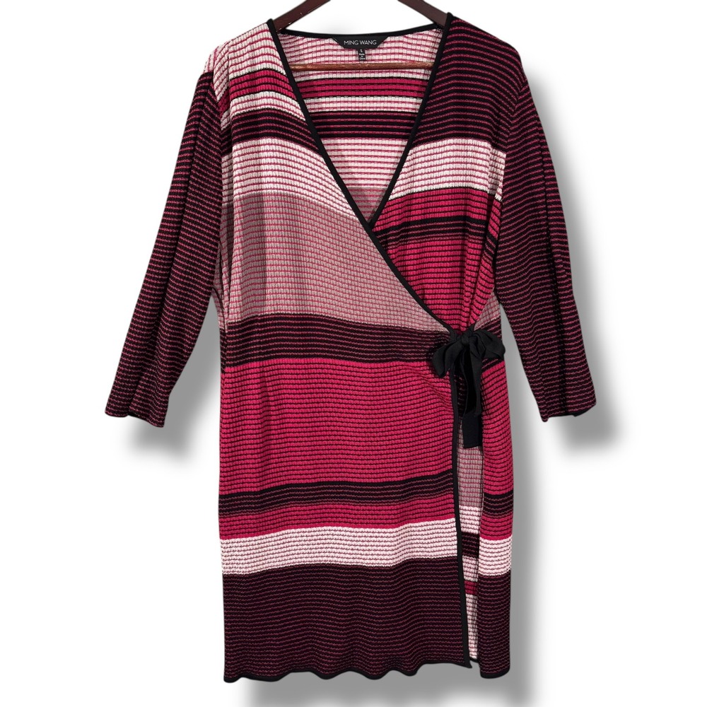 Ming Wang Pink and Burgundy Striped Wrap Dress